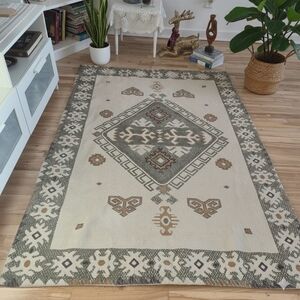 Flatweave Area Rug | Geometric Tribal Kilim Dhurrie Mat, Neutral Azte Boho Decor